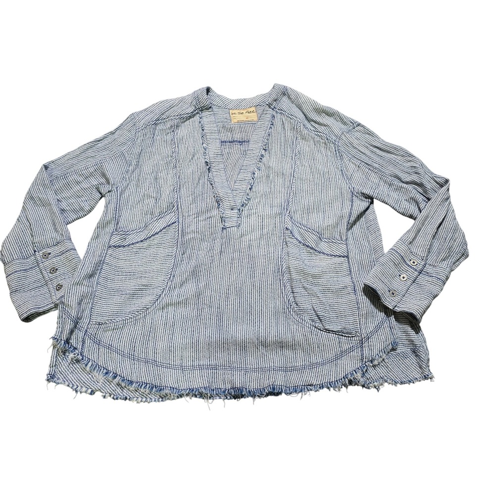 We The Free The Shore Shirt Women XS Blue White Striped Raw Edge  Long Sleeve